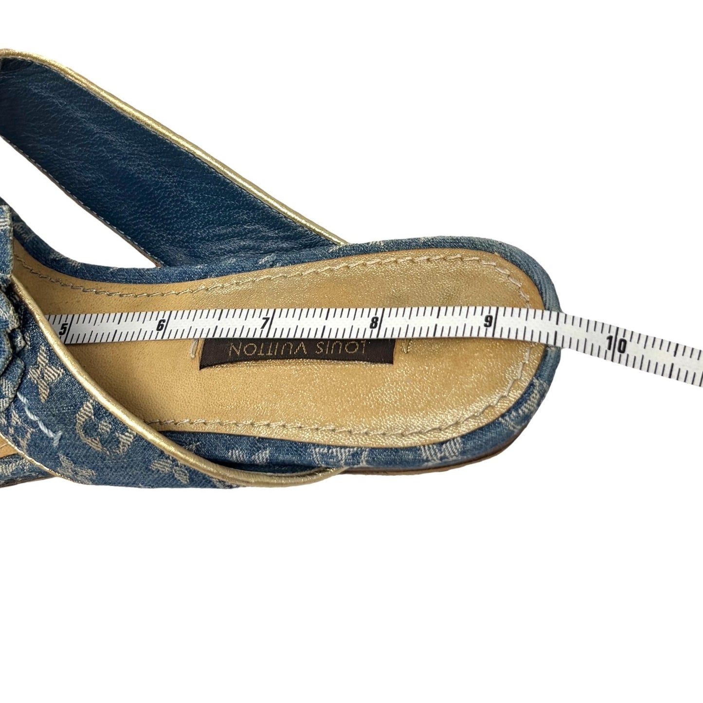 LOUIS VUITTON Vintage LV Monogram Denim Thong Sandals #37.5 Blue Gold Flower