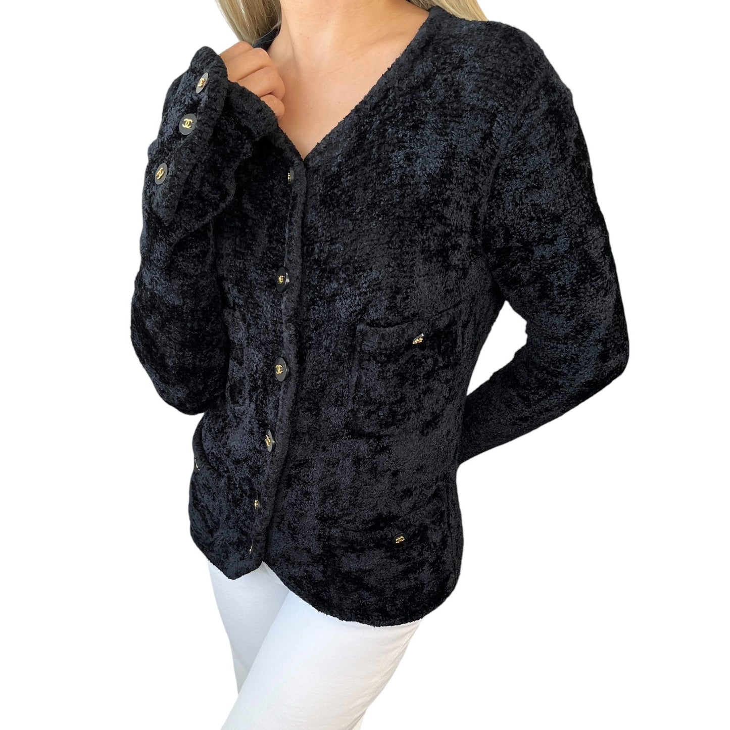 CHANEL Vintage 95A CC Logo Button Cardigan Sweater Top #38 Black Gold Velour