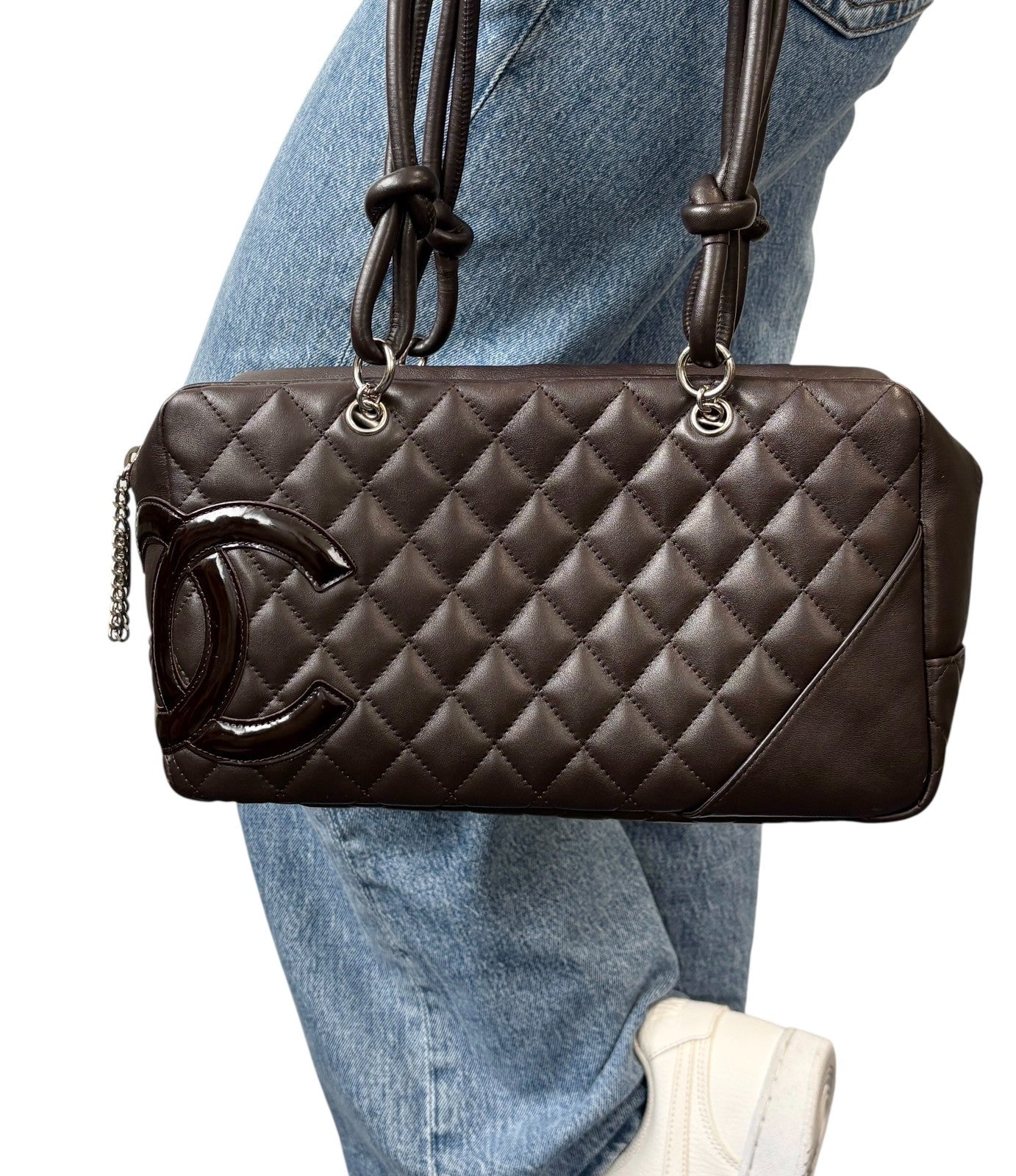 CHANEL Vintage Cambon Line CC Logo Quilted Shoulder Bag Brown Silver Leather