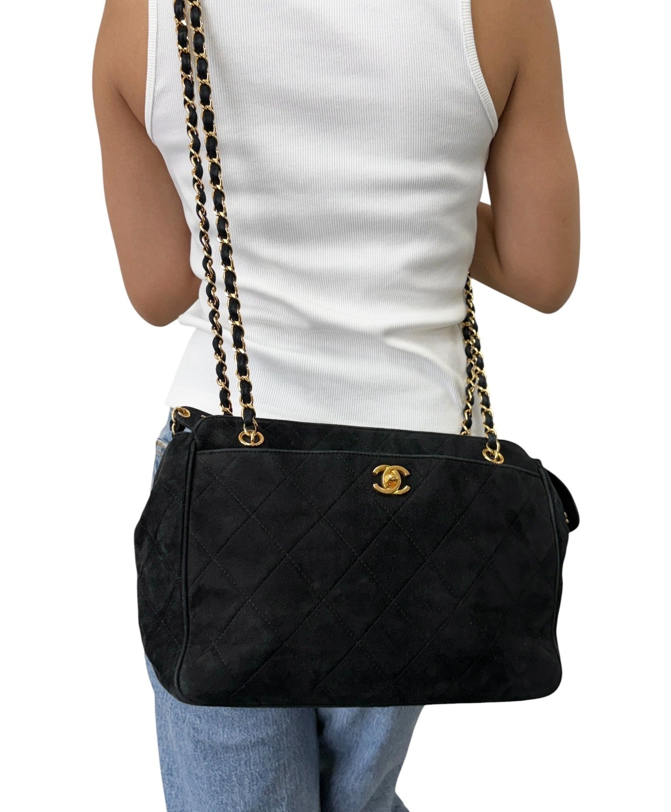 CHANEL Vintage CC Logo Quilted Chain Shoulder Bag Black Gold Suede 901890
