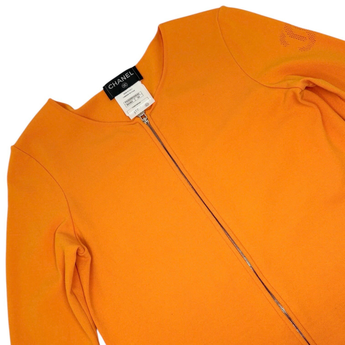 CHANEL Vintage P43225 CC Logo Zip Knit Cardigan Top #34 Orange Silver 902840