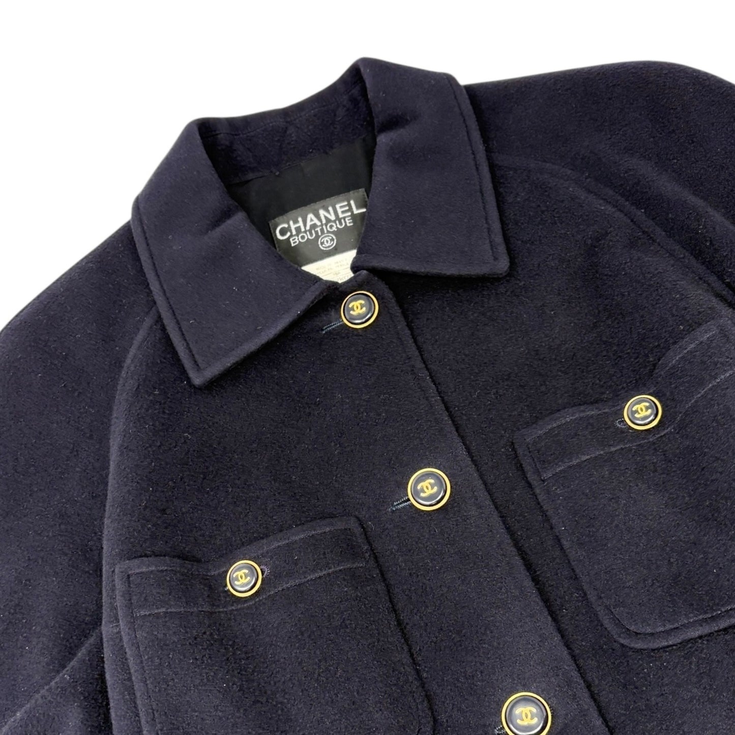 CHANEL Vintage 95A CC Button Cashmere Coat Jacket #40 Belt Dark Blue Gold