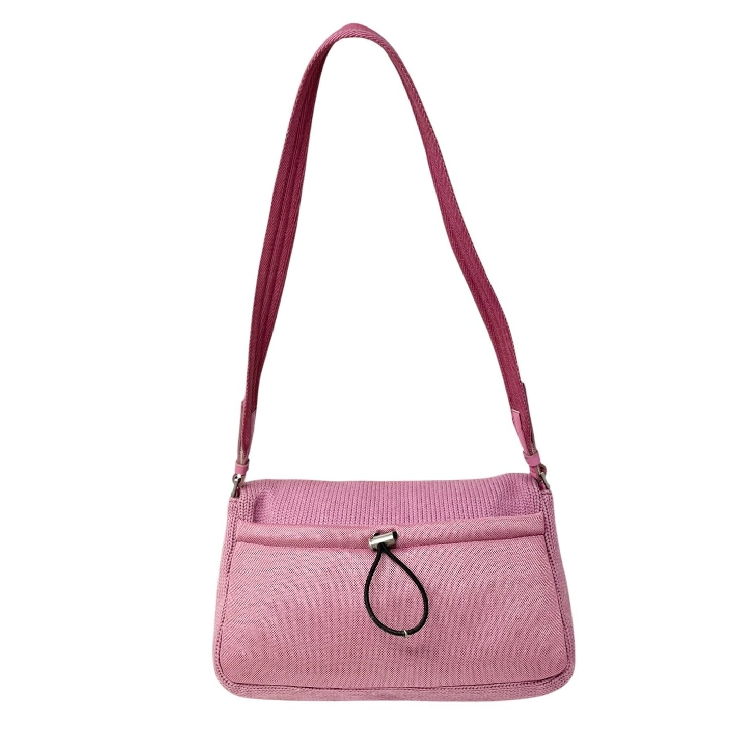 PRADA Vintage Logo Knit Shoulder Bag Pink Silver Cotton Nylon Zip