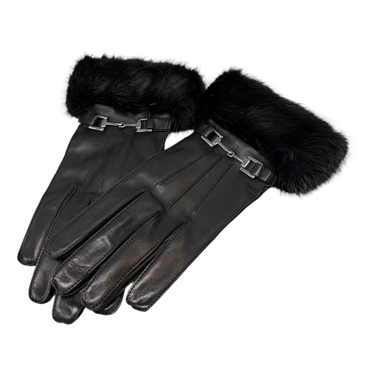 GUCCI Vintage Horsebit Fur Trim Lambskin Leather Gloves #7 Black Silver 902097