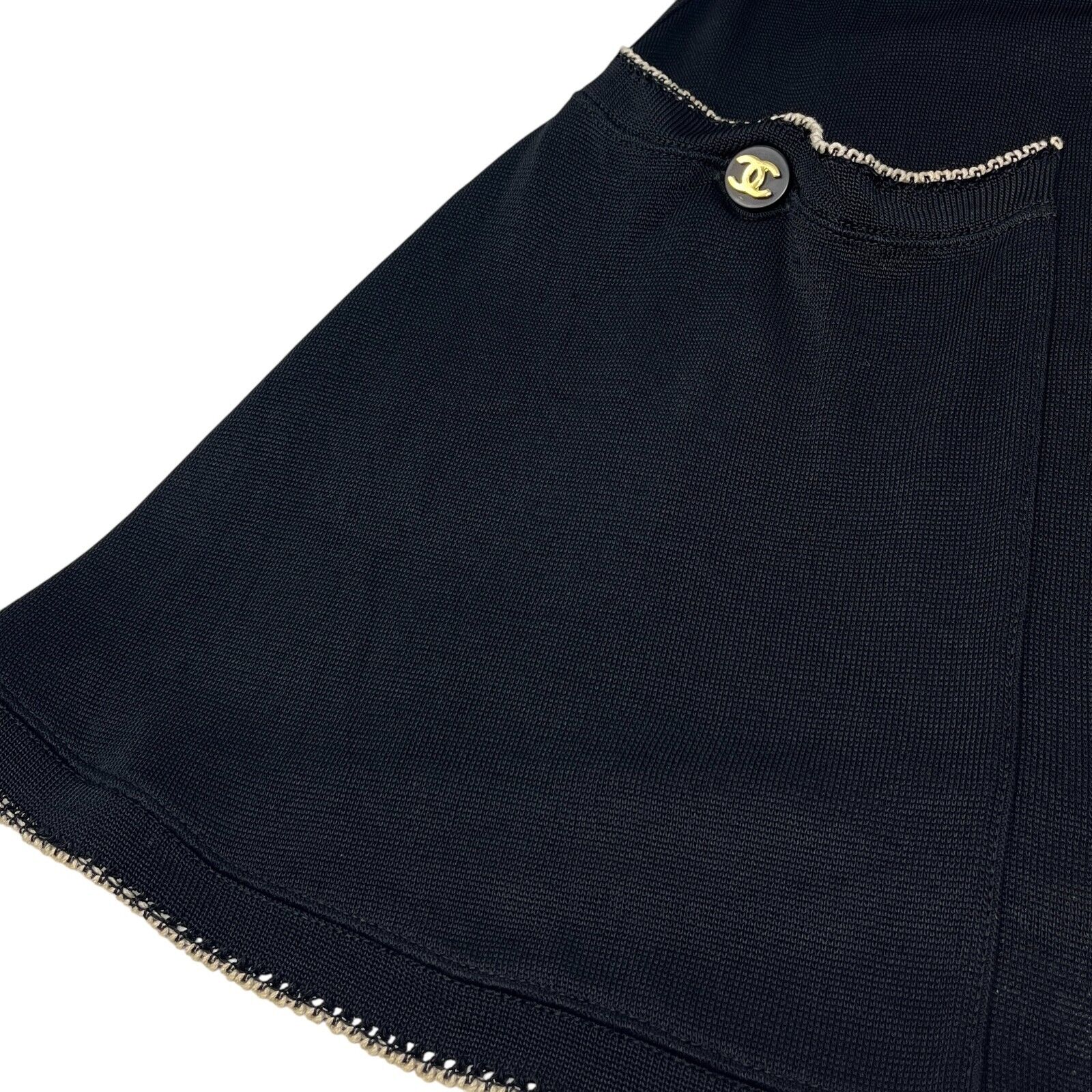 CHANEL Vintage CC Logo Knit Long Cardigan Button Black White Dress Cotton Blend