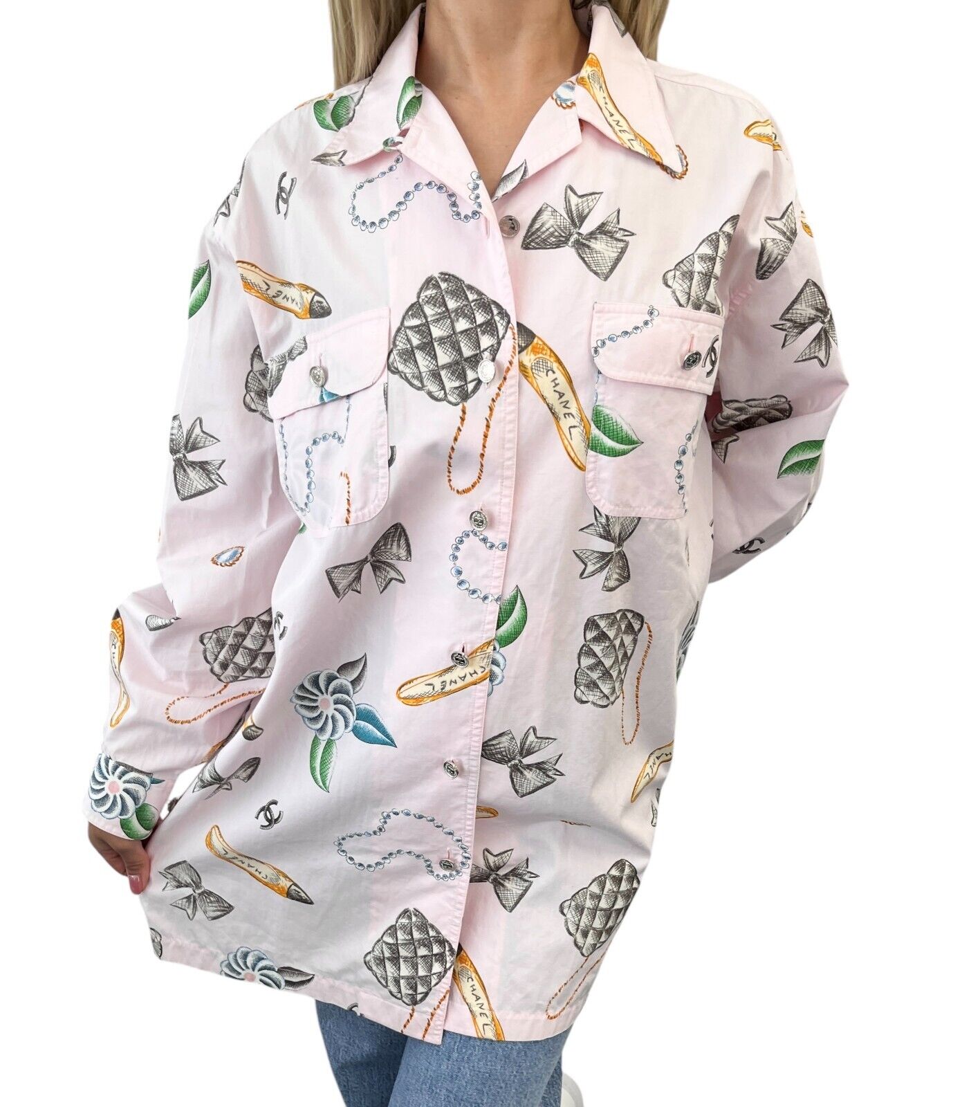 CHANEL Vintage 1996 CC Logo Shirt Top #38 Button Up Pink Multicolor Cotton