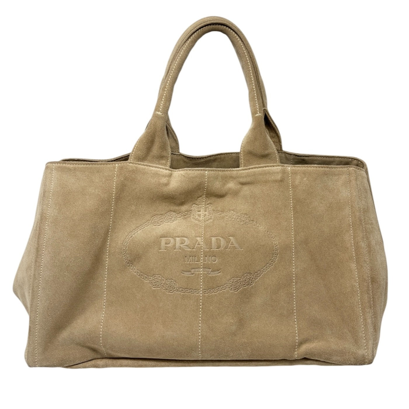 PRADA Vintage Canapa Big Logo Suede Large Tote Bag Beige Gold Stitch Shopper