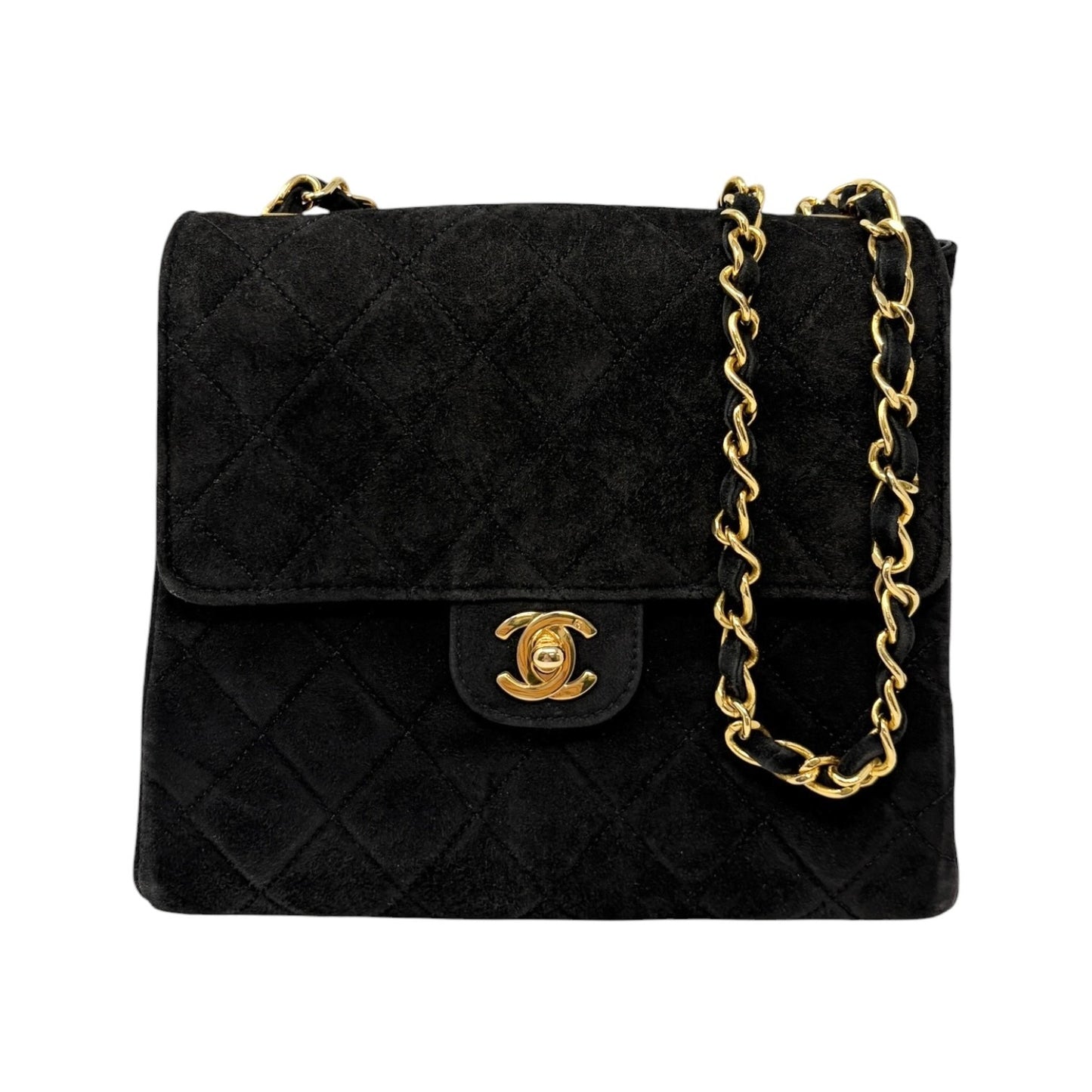 CHANEL Vintage CC Quilted Chain Crossbody Shoulder Bag Black Gold Suede 902220