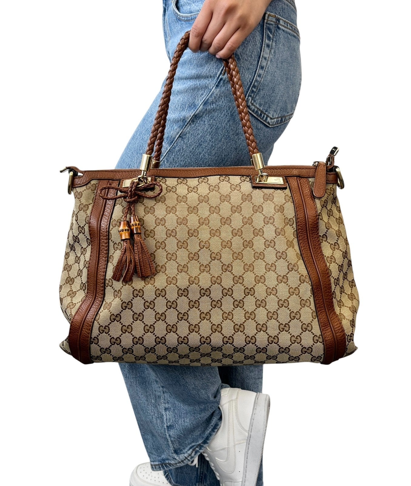 GUCCI Vintage GG Logo Monogram Fringe Shoulder Bag Brown Canvas Leather 902205