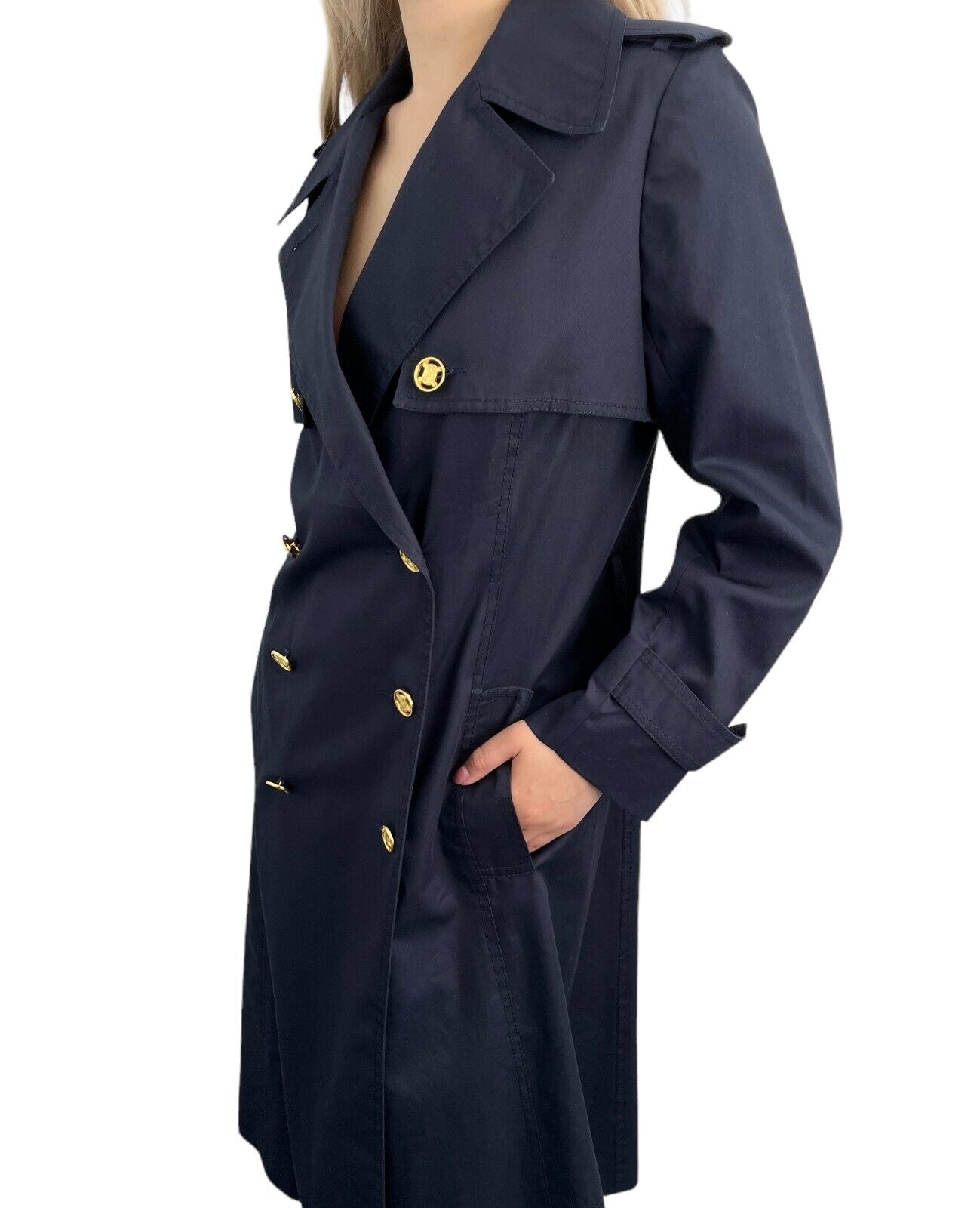 CELINE Vintage Macadam Logo Trench Coat #38 Navy Gold Cotton Button Rank AB