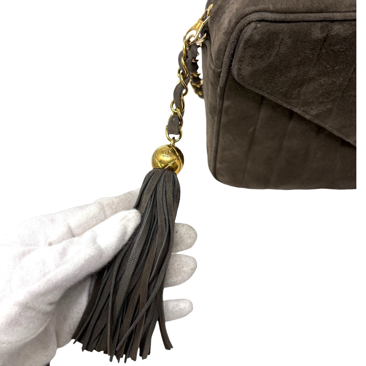 CHANEL Vintage CC Logo Quilted Fringe Chain Shoulder Bag Khaki Gold Suede