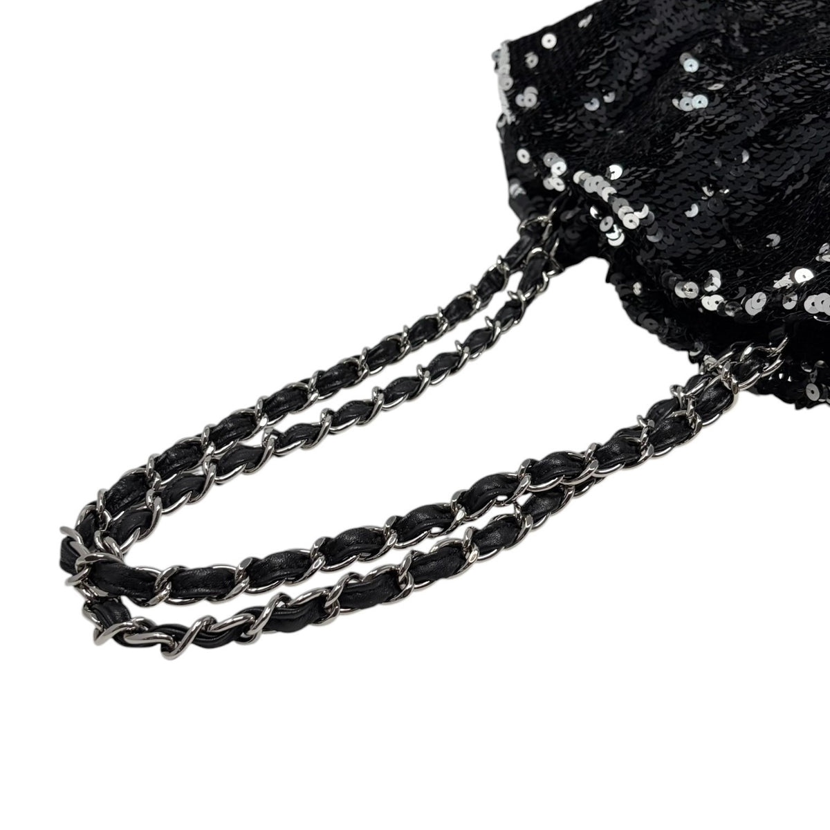 CHANEL Vintage CC Logo Sequins Chain Shoulder Bag Black Silver Leather 902476