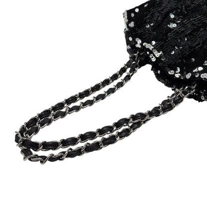 CHANEL Vintage CC Logo Sequins Chain Shoulder Bag Black Silver Leather 902476
