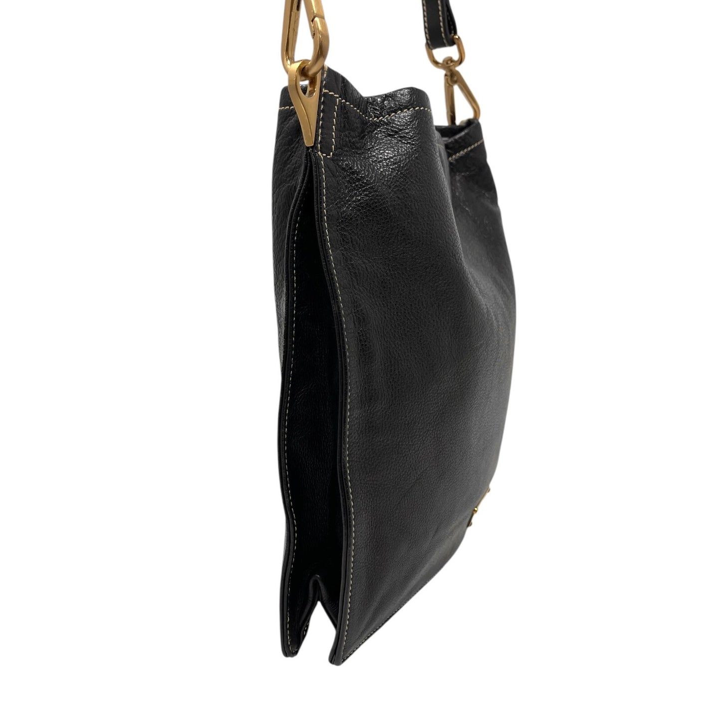 PRADA Vintage Logo Shoulder Bag Square Stitch Magnetic Black Gold Leather
