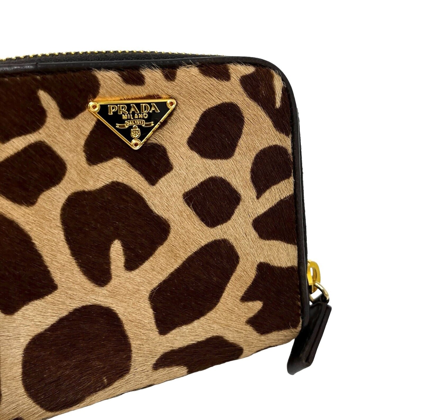 PRADA Vintage Logo Animal Print Wallet Calf Hair Zip Snap Brown Gold RankAB