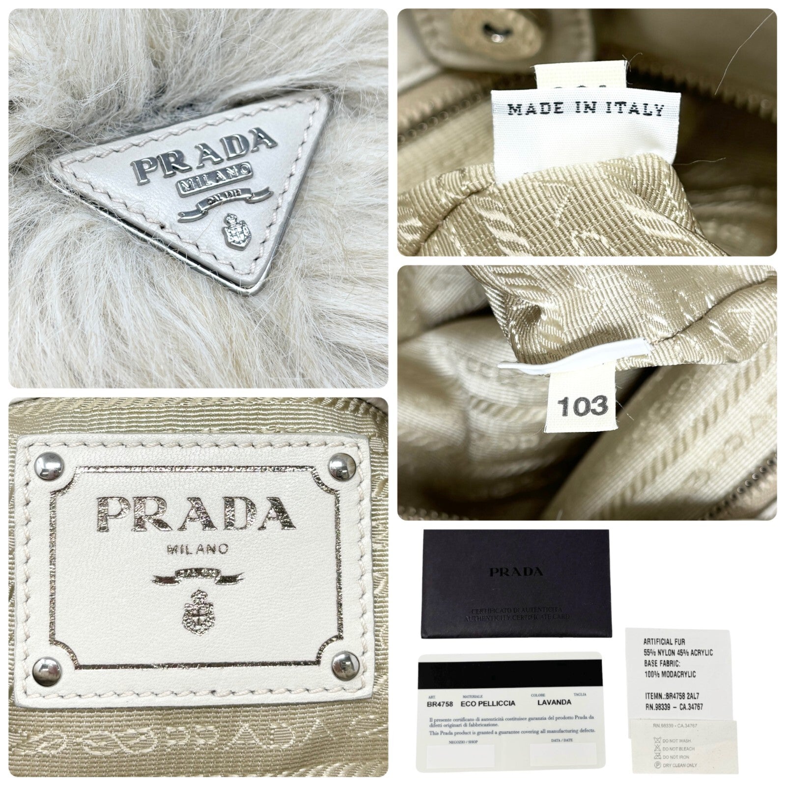 PRADA Vintage Logo Chain Tote Bag Medium Cream Silver Faux Fur Leather Rank AB