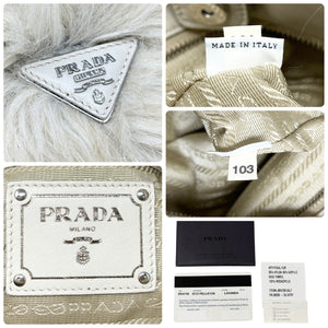 PRADA Vintage Logo Chain Tote Bag Medium Cream Silver Faux Fur Leather Rank AB