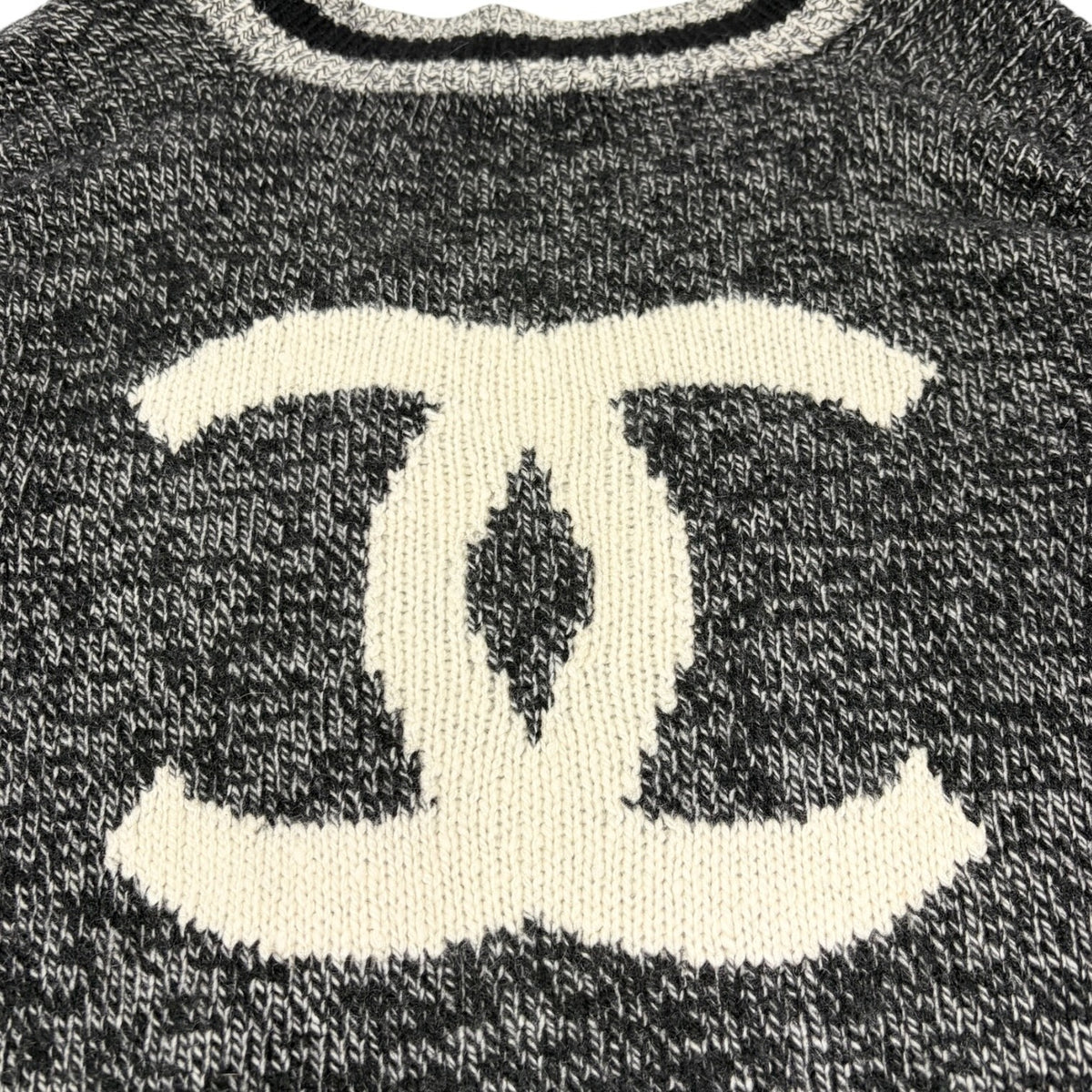 CHANEL Vintage 96A Big CC Logo Knit Cashmere Sweater Top #42 Gray Black 902394