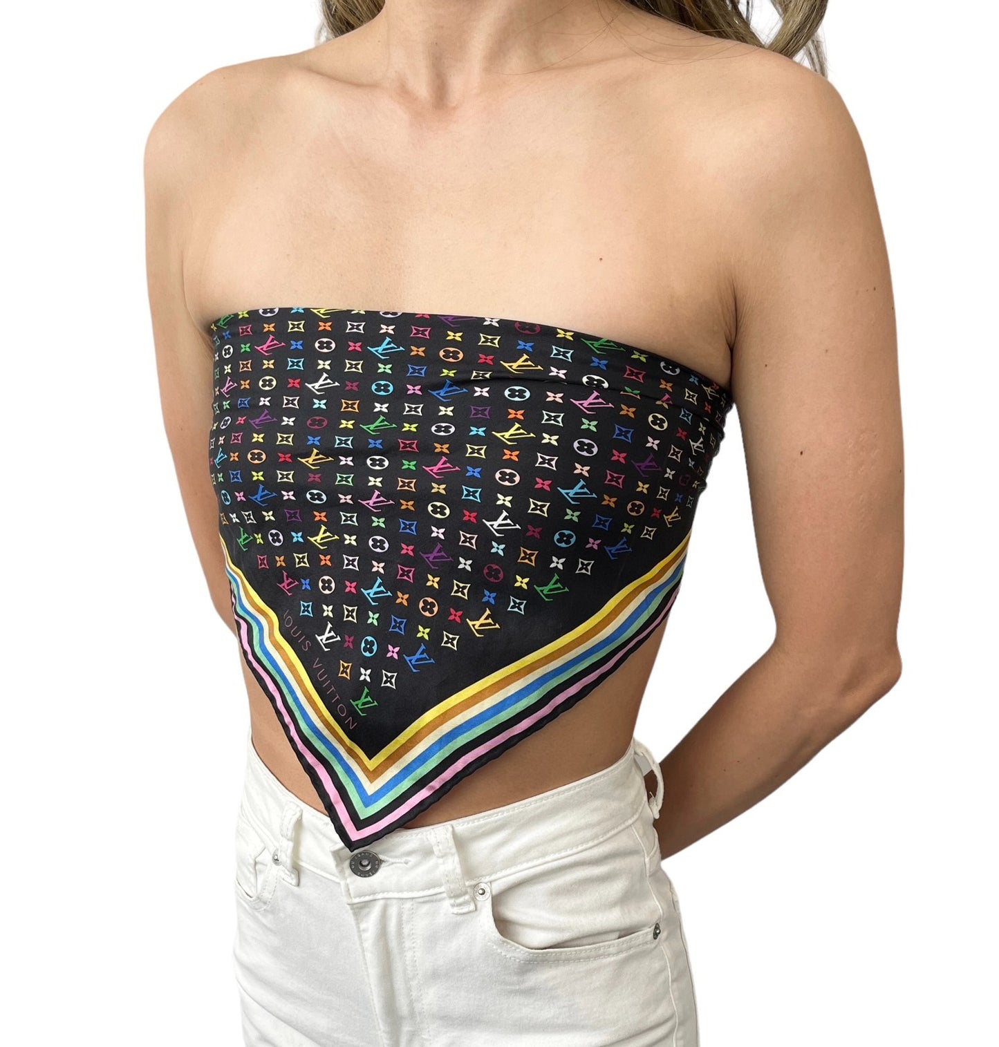 LOUIS VUITTON Vintage LV Monogram Multicolor Scarf Wrap Top Black Silk 902576