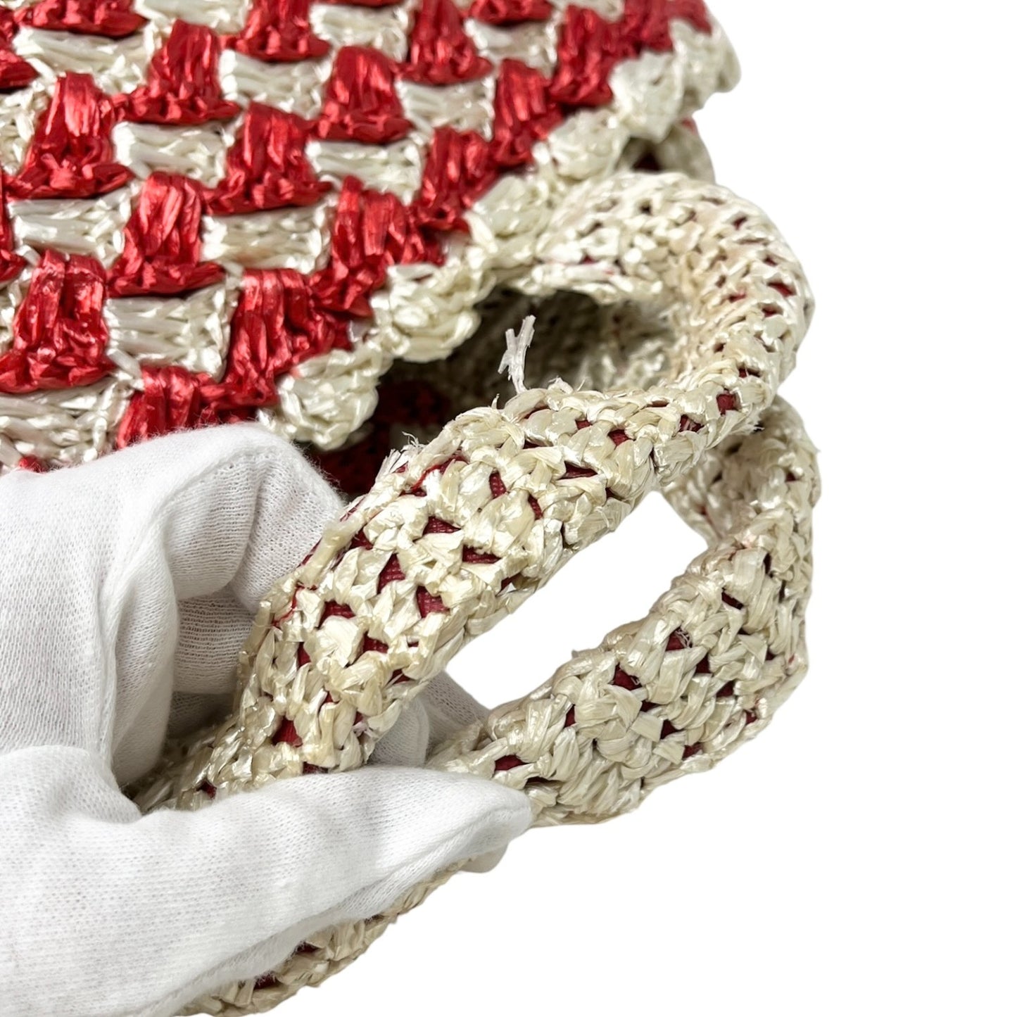 PRADA Vintage Triangle Logo Raffia Canapa Tote Bag Red White Crochet 902048