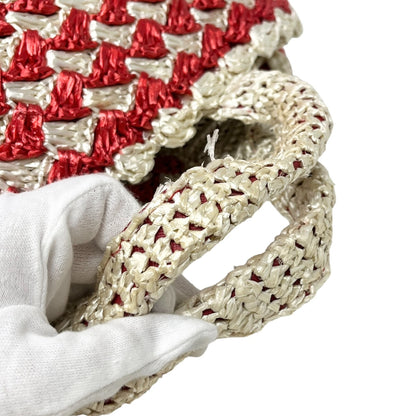 PRADA Vintage Triangle Logo Raffia Canapa Tote Bag Red White Crochet 902048