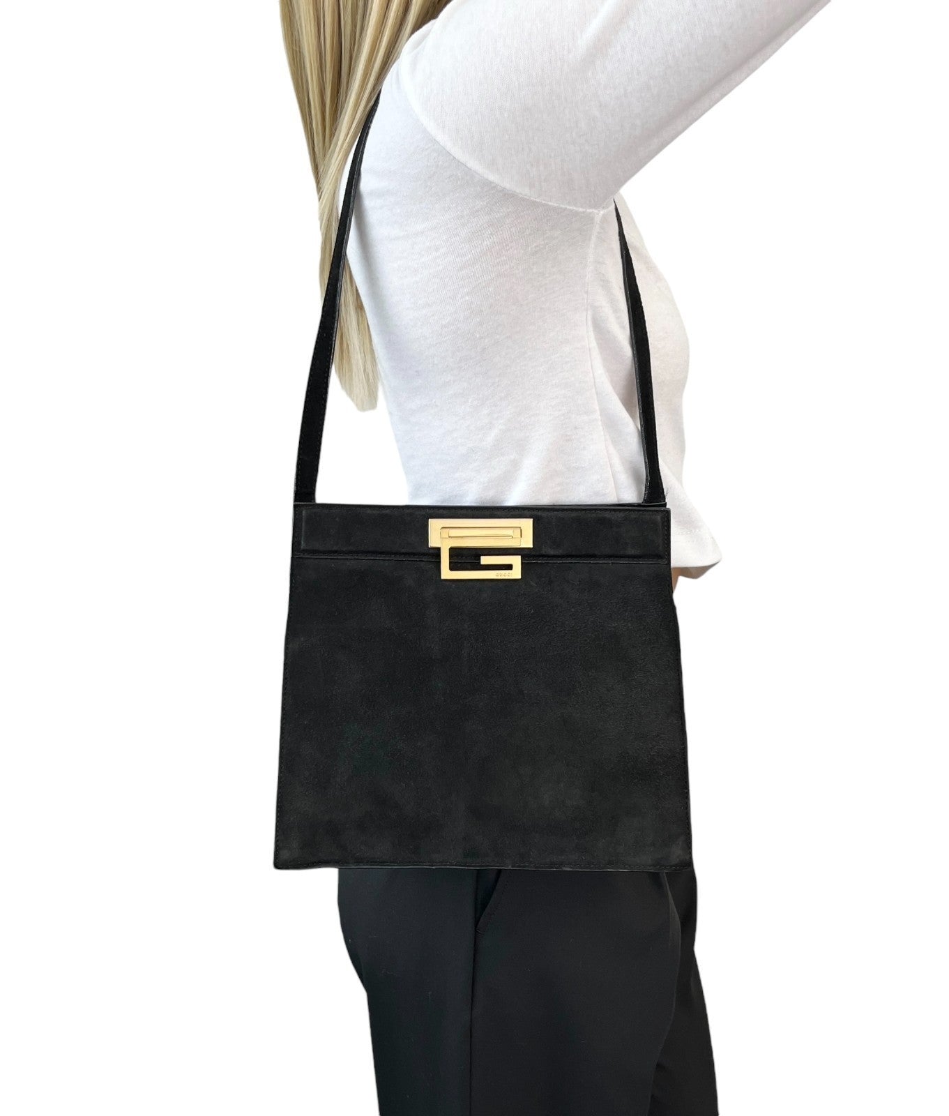 GUCCI Vintage G Square Logo Shoulder Bag Handbag Black Gold Suede Leather 902582