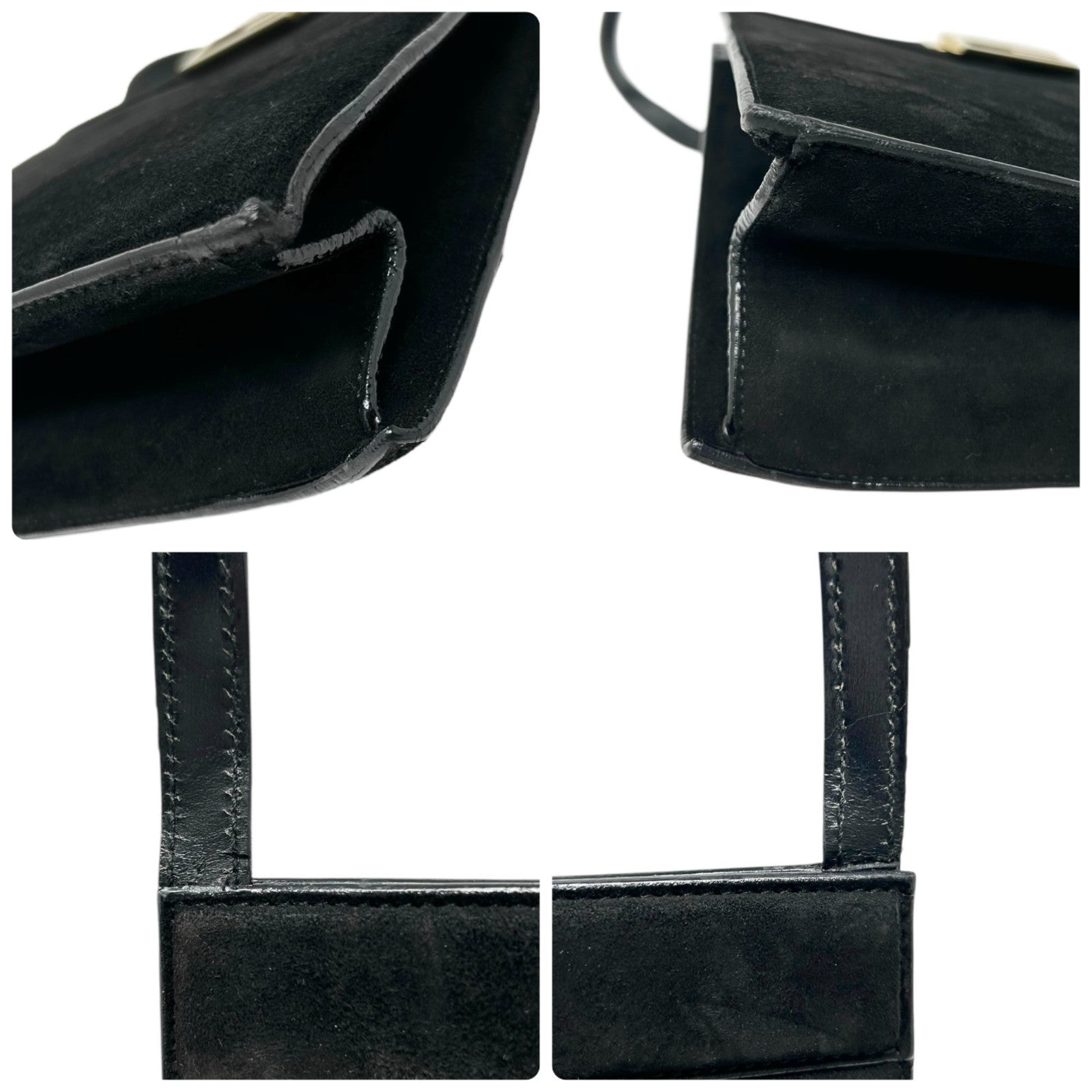 GUCCI Vintage G Square Logo Shoulder Bag Handbag Black Gold Suede Leather