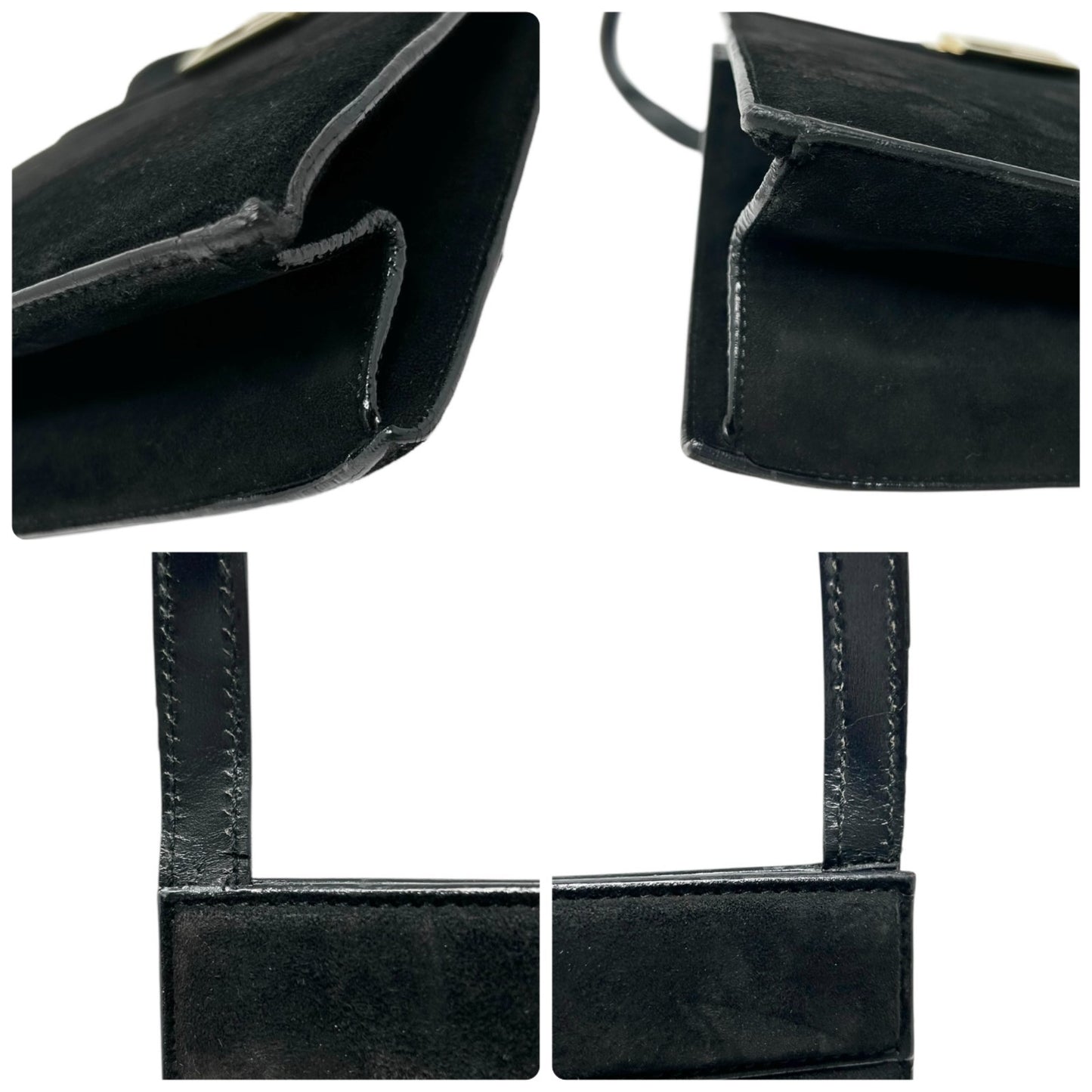 GUCCI Vintage G Square Logo Shoulder Bag Handbag Black Gold Suede Leather