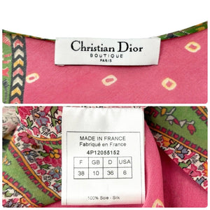 Christian Dior Vintage Paisley Blouse #38 Top Shirt Pink Green Silk Rank AB