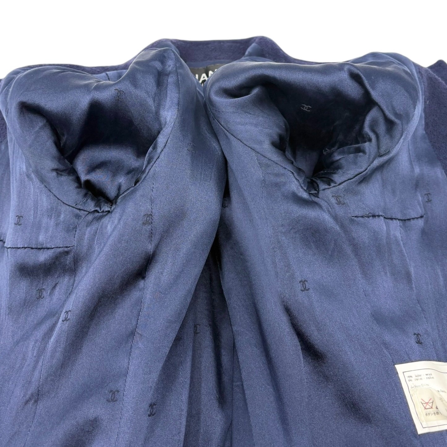 CHANEL Vintage 95A CC Logo Gold Button Collarless Jacket #36 Dark Blue Wool