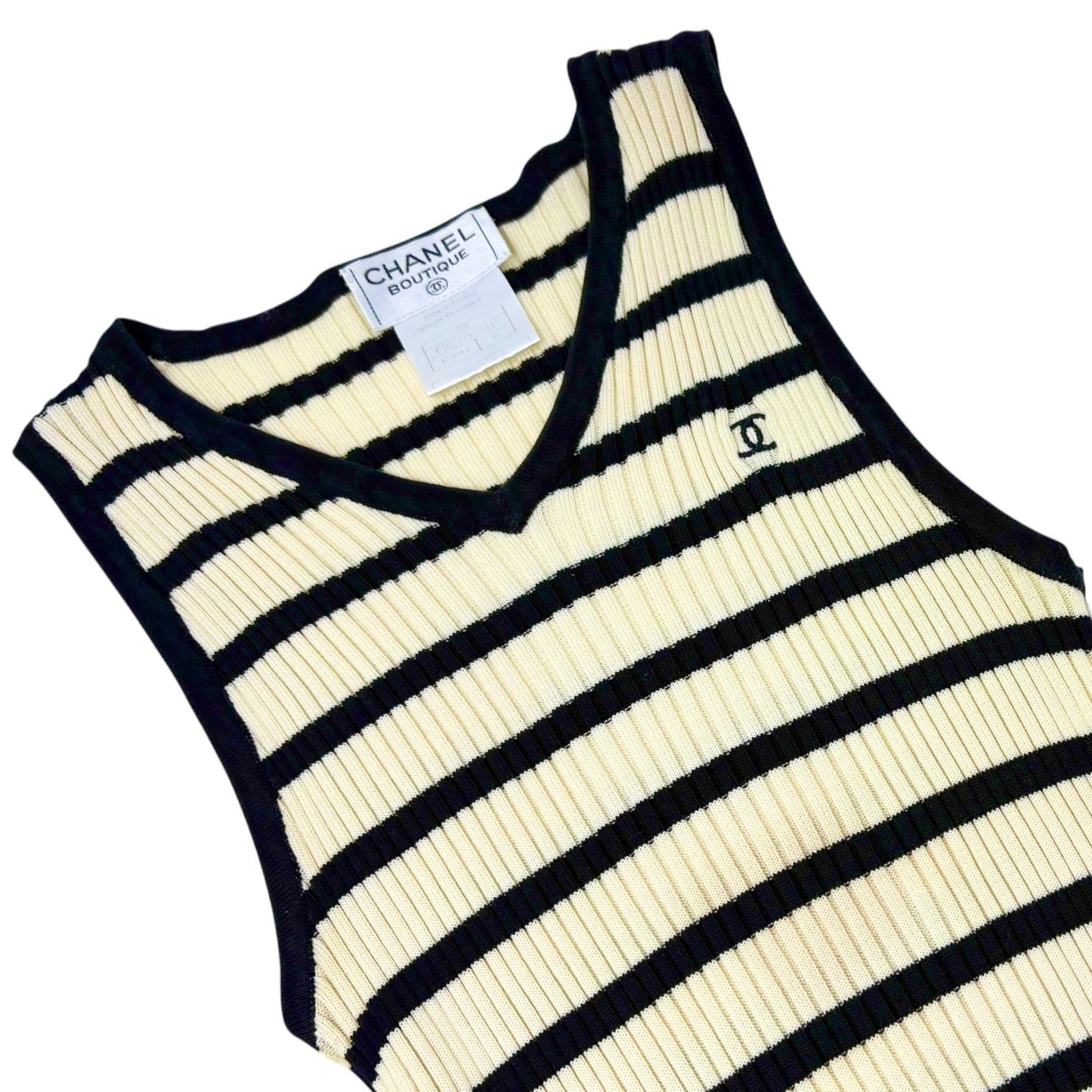 CHANEL Vintage 98P CC Mark Logo Striped Knit Tank Top #38 Cream Black Cotton