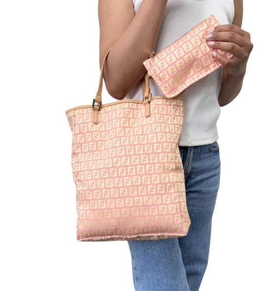 FENDI Vintage FF Logo Zucchino Tote Bag Pink Beige Canvas w/Pouch 901879