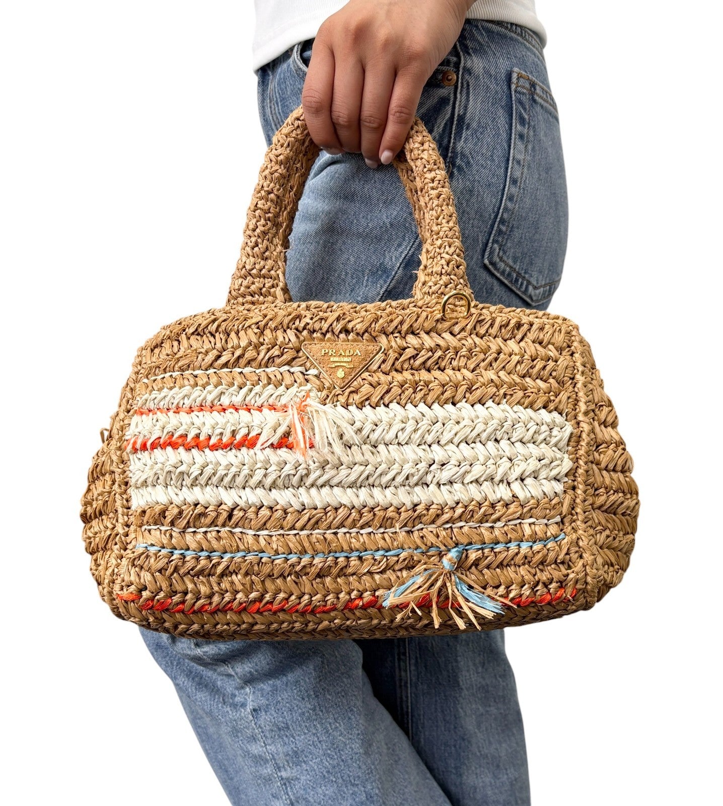 PRADA Vintage Raffia Straw Tote Crossbody Bag 2way Brown Multicolor 901877
