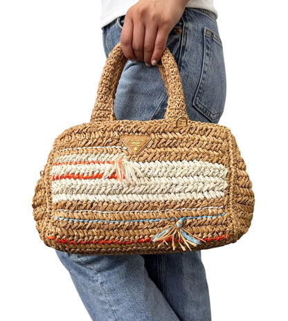 PRADA Vintage Raffia Straw Tote Crossbody Bag 2way Brown Multicolor 901877