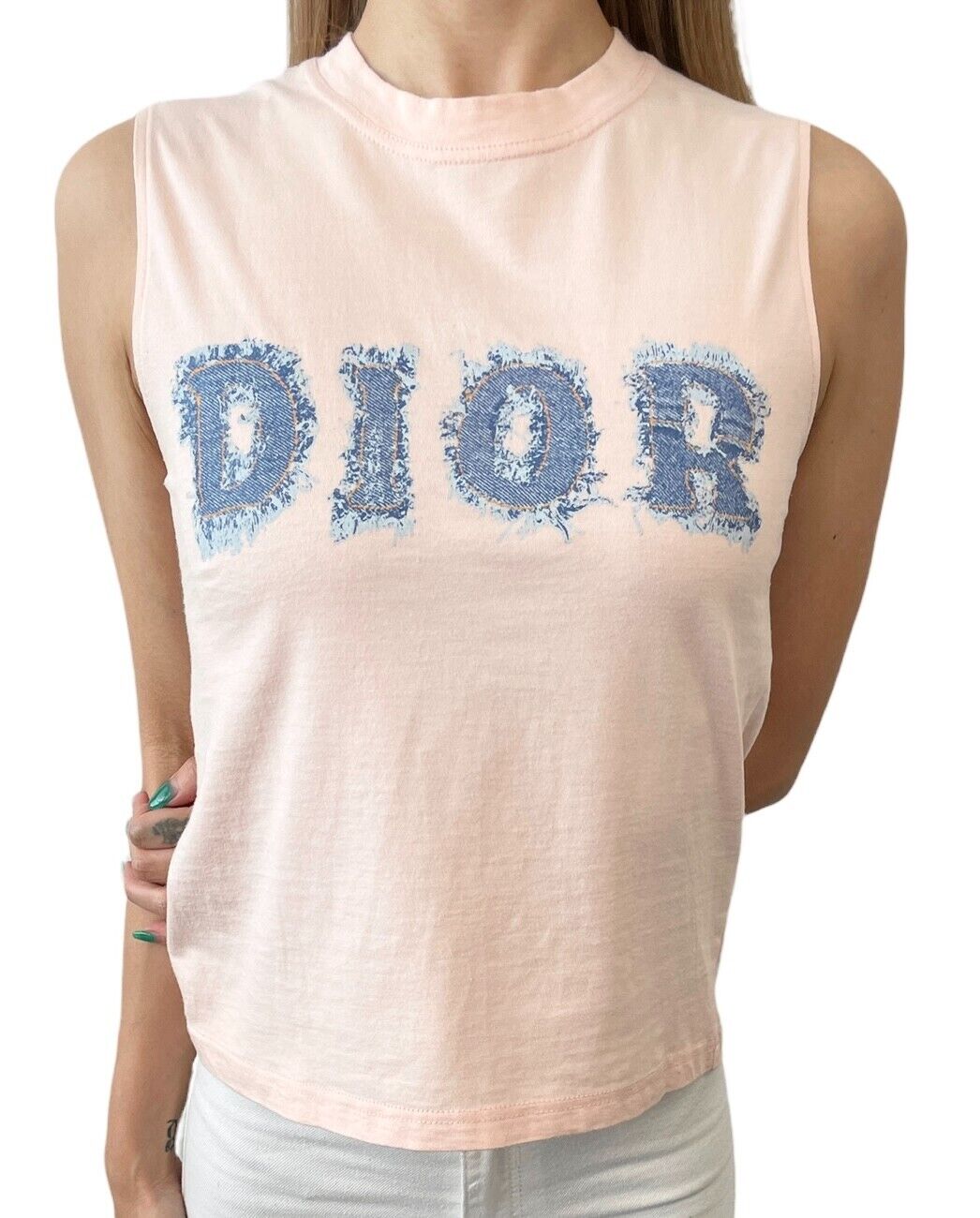 Christian Dior Vintage 2003 Denim Logo Tank Top #40 Light Pink Cotton RankAB