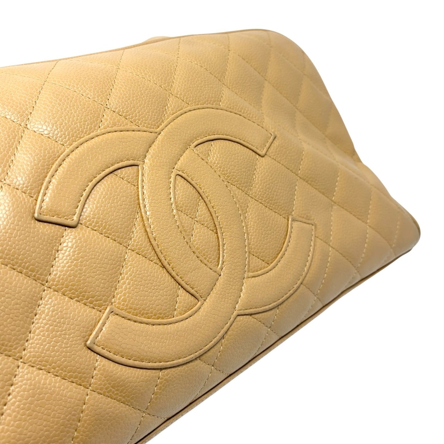 CHANEL Vintage Big CC Logo Quilted Leather Boston Bowling Bag Beige Gold Stitch