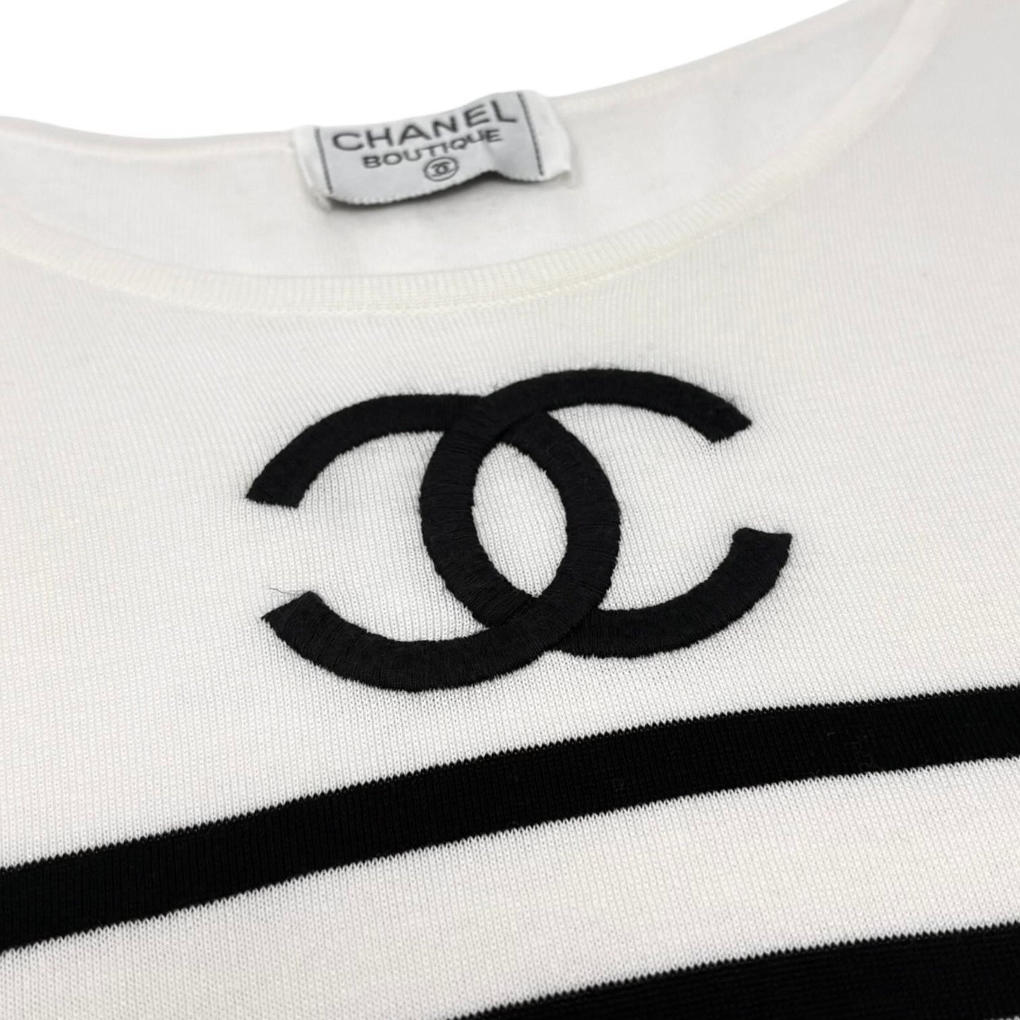 CHANEL Vintage CC Logo Strip T-shirt Top #38 White Black Cotton Short Sleeve