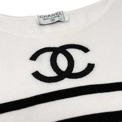 CHANEL Vintage CC Logo Strip T-shirt Top #38 White Black Cotton Short Sleeve
