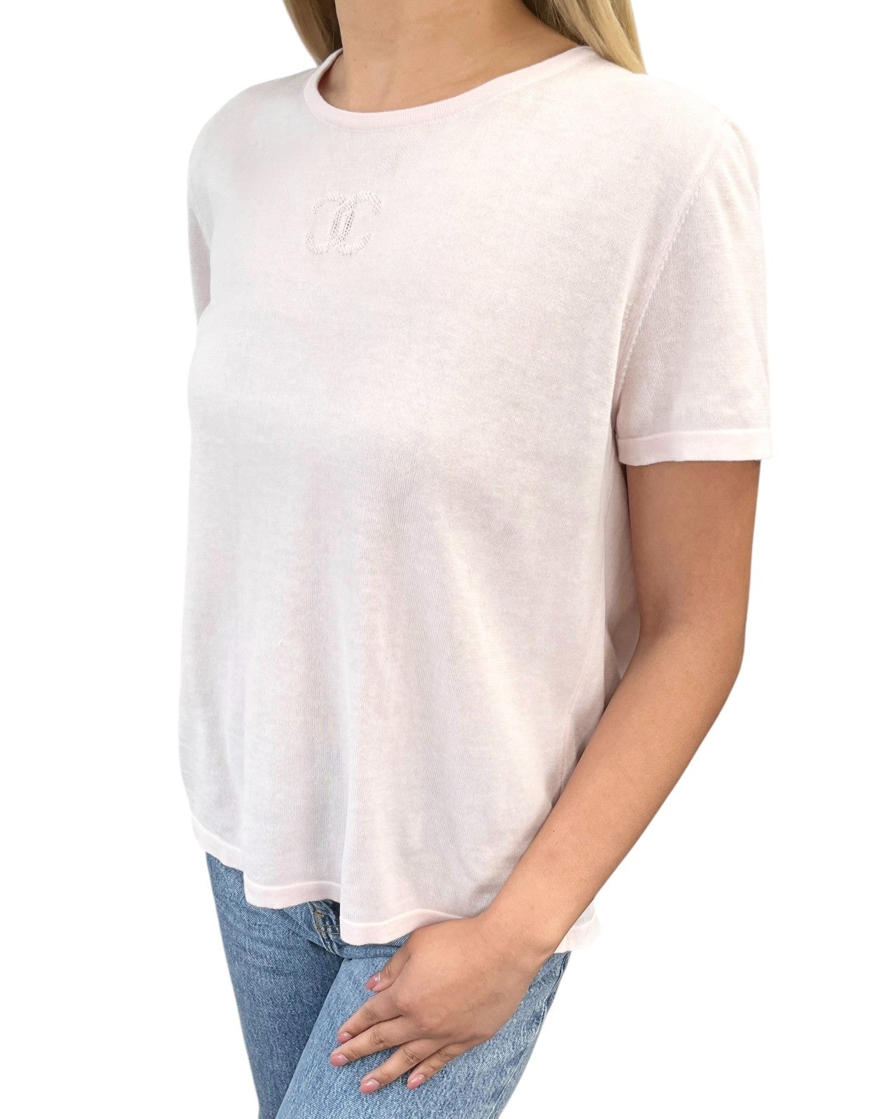 CHANEL Vintage 06P CC Mark Logo Short Sleeve Top #38 T-shirt Pink Cotton Mesh
