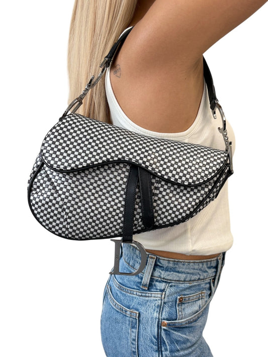 Christian Dior Vintage 2002 Checkered Glitter Saddle Bag Black Silver Cotton