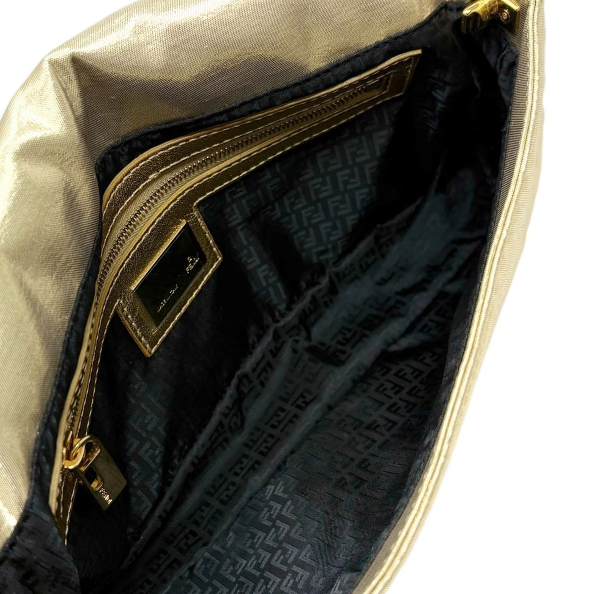 FENDI Vintage FF Logo Embossed Mamma Baguette Shoulder Bag Gold Nylon 902315