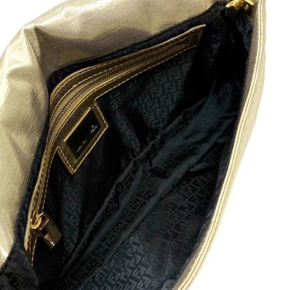 FENDI Vintage FF Logo Embossed Mamma Baguette Shoulder Bag Gold Nylon 902315