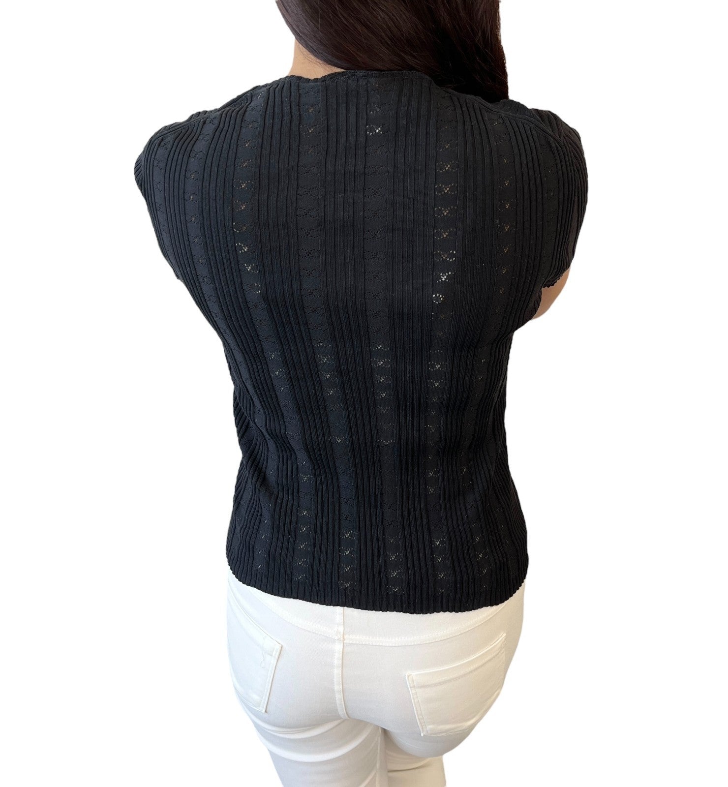 CHANEL Vintage 05P CC Logo Summer Rib Knit Top T-shirt Black Cotton Short Sleeve