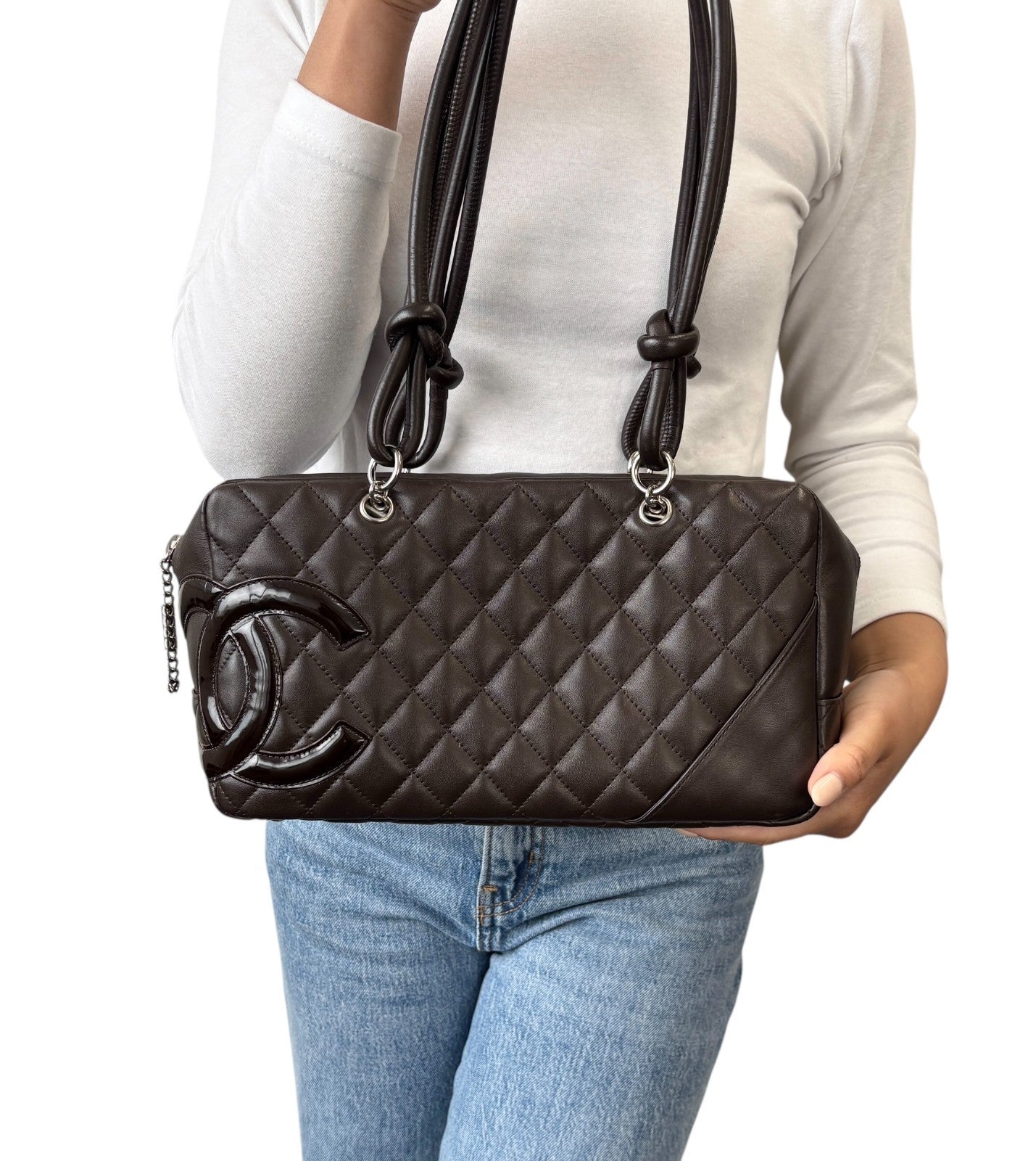 CHANEL Vintage Cambon Line CC Logo Quilted Shoulder Bag Brown Silver Leather