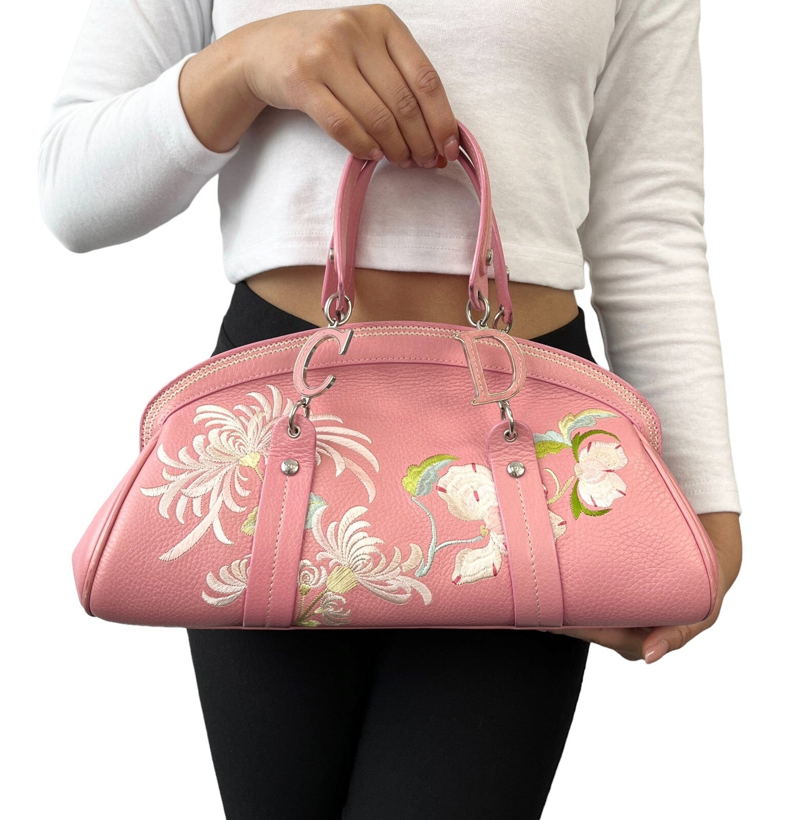 Christian Dior Vintage 2005 Logo Embroidered Mini Boston Bag Pink Silver Leather