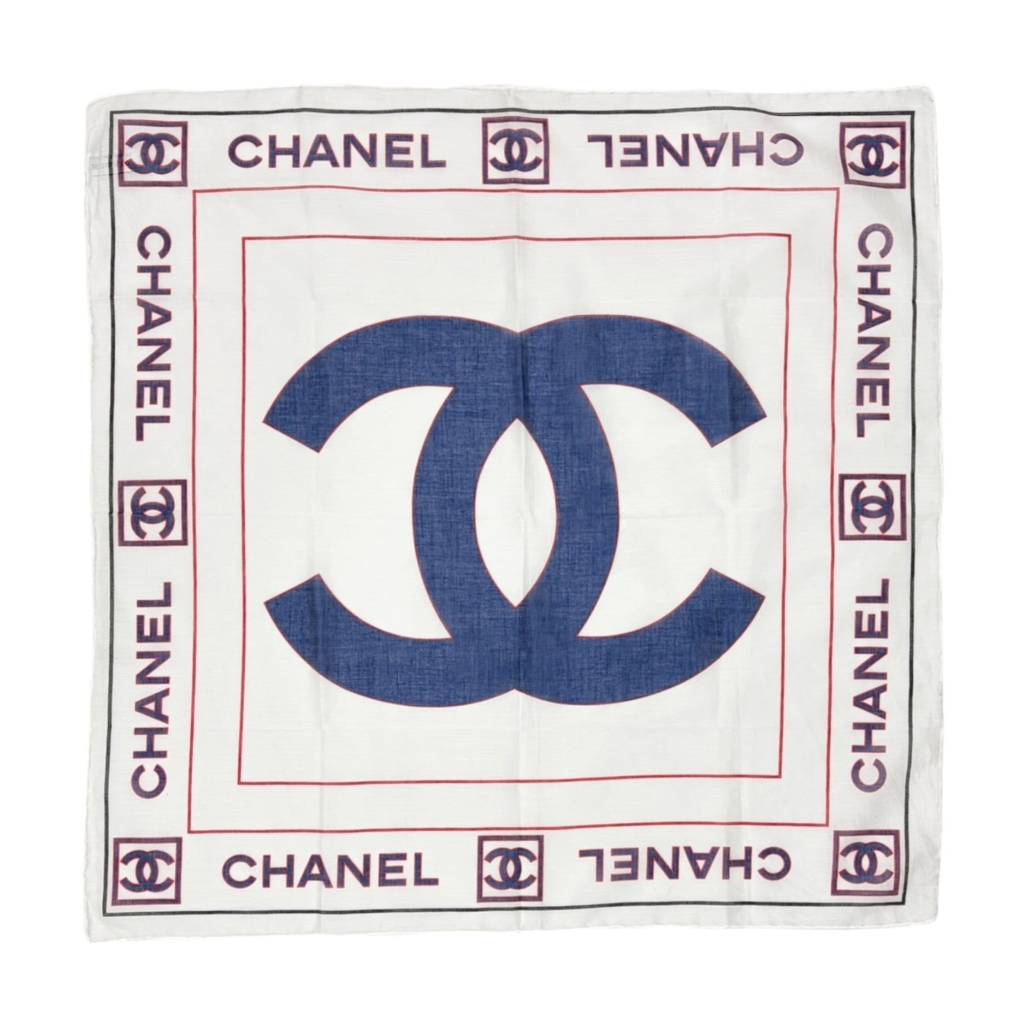 CHANEL Vintage Big CC Logo Scarf Wrap Headscarf White Blue Cotton 902009