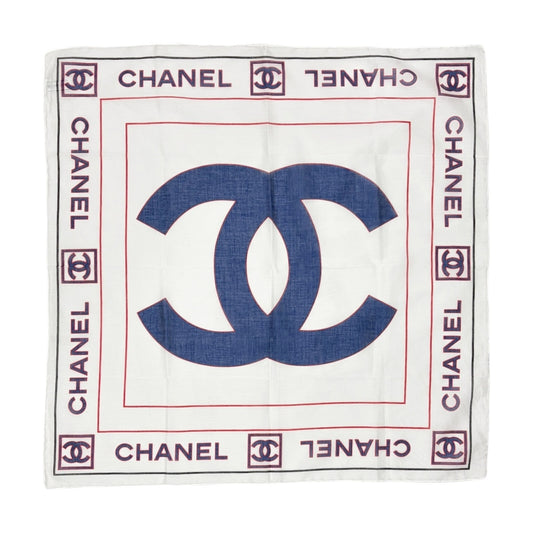 CHANEL Vintage Big CC Logo Scarf Wrap Headscarf White Blue Cotton 902009