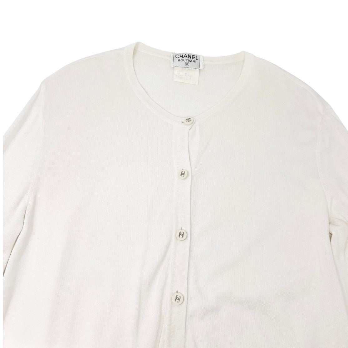 CHANEL Vintage 96P CC Logo Cardigan Top Button Pocket #44 White Long Sleeve