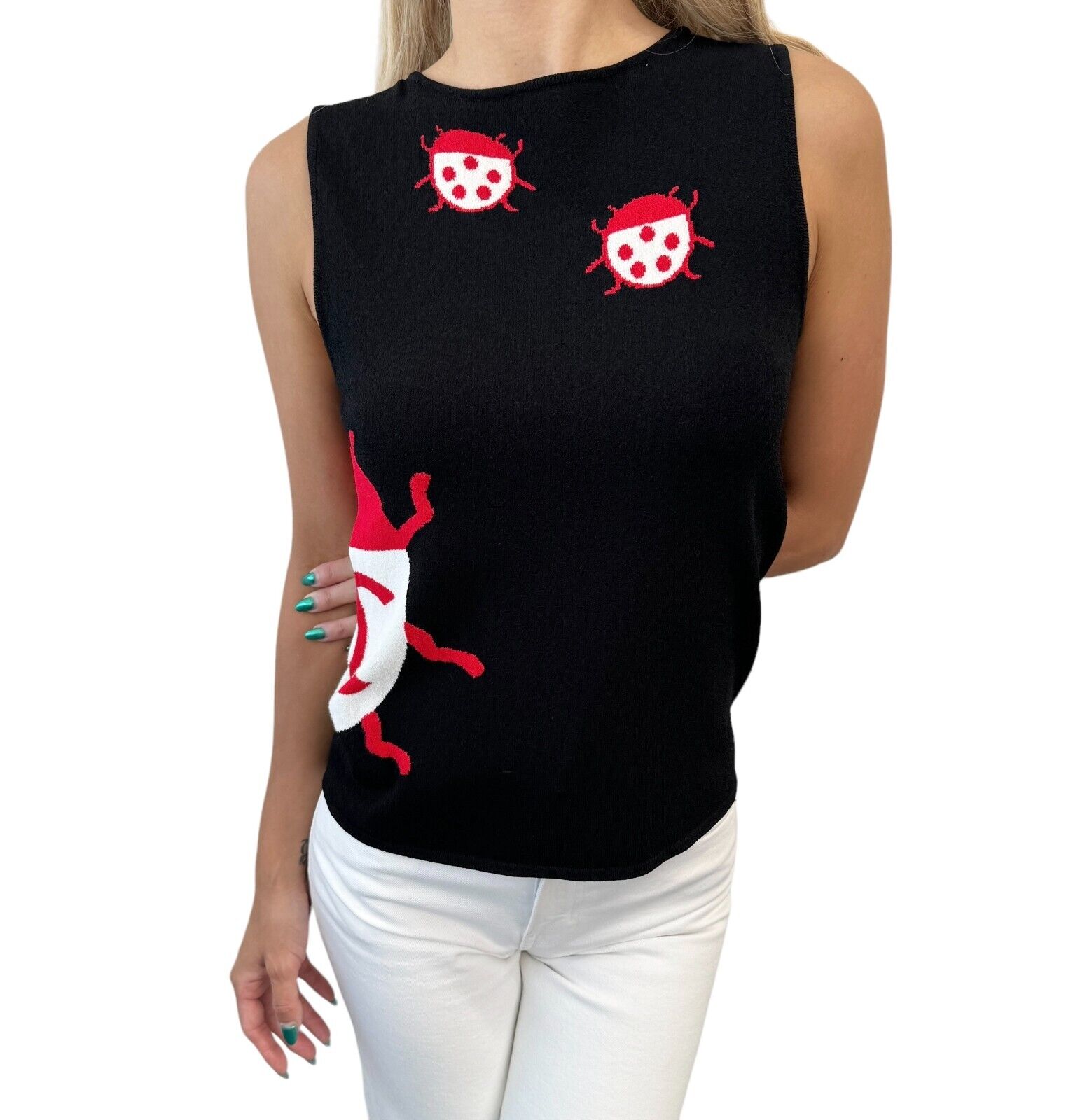 CHANEL Vintage 04P CC Mark Logo Ladybugs Knit Tank Top Black White Cotton