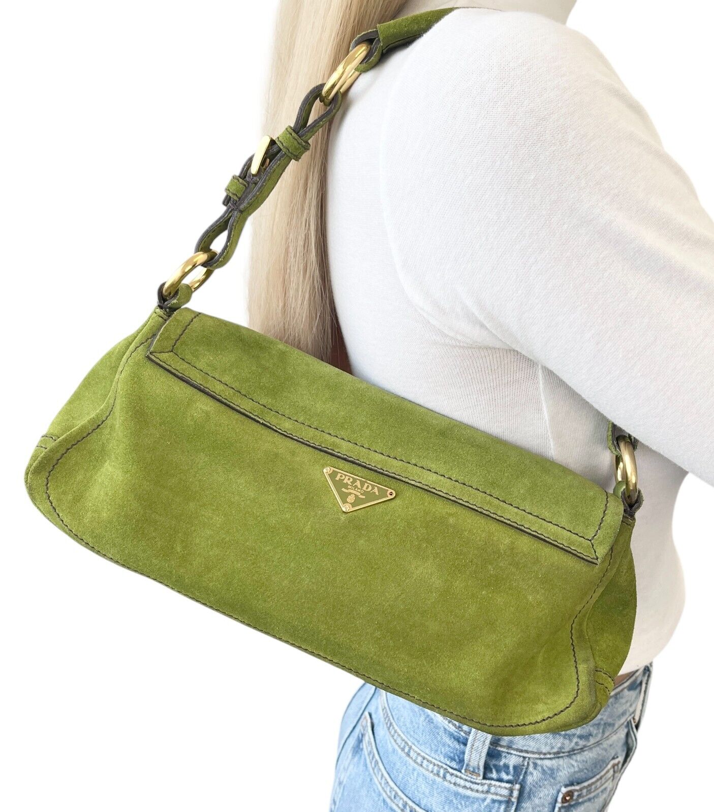 PRADA Vintage Logo Shoulder Bag Tote Handbag Suede Green Gold Luggage Tag
